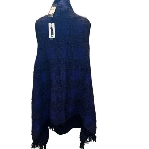 Vertigo Plaid Fuzzy Cardigan Womens Open Front Tweed Wrap Cape Boho Fringe Trim - Picture 4 of 16
